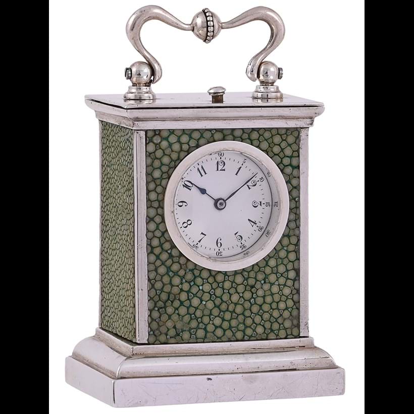 Inline Image - Lot 133: A rare Swiss miniature shagreen mounted silver petit sonnerie striking and repeating carriage clock, unsigned, circa 1900 | Est. £1,200 – 1,800 (+ fees)