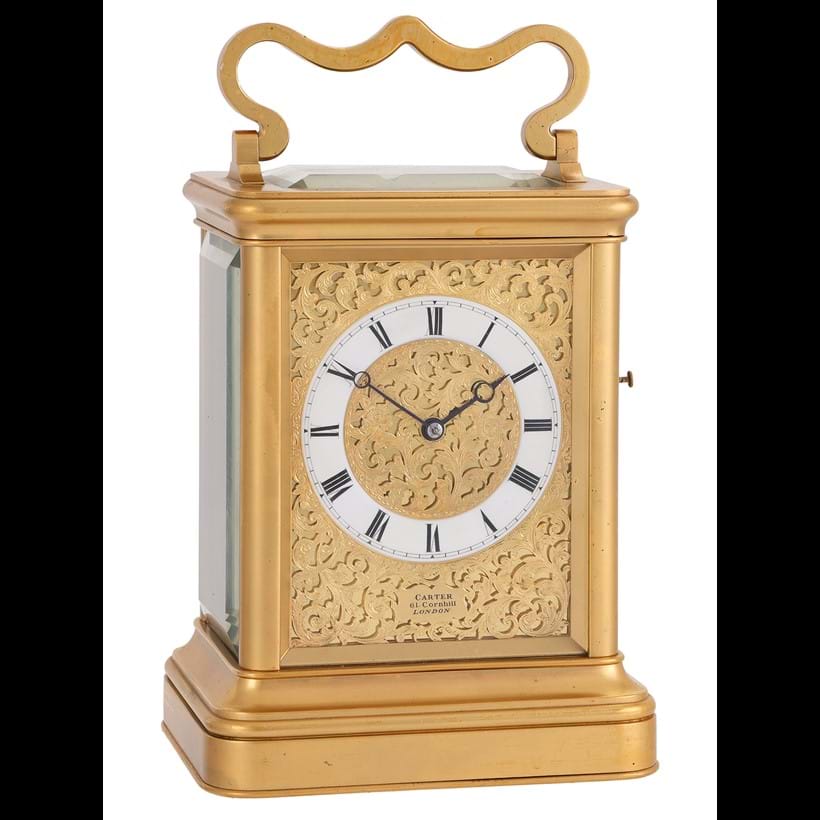 Inline Image - Lot 107: A fine Victorian gilt brass giant carriage clock with push-button repeat, Carter, London, Circa 1860 | Est. £10,000-15,000 (+ fees)