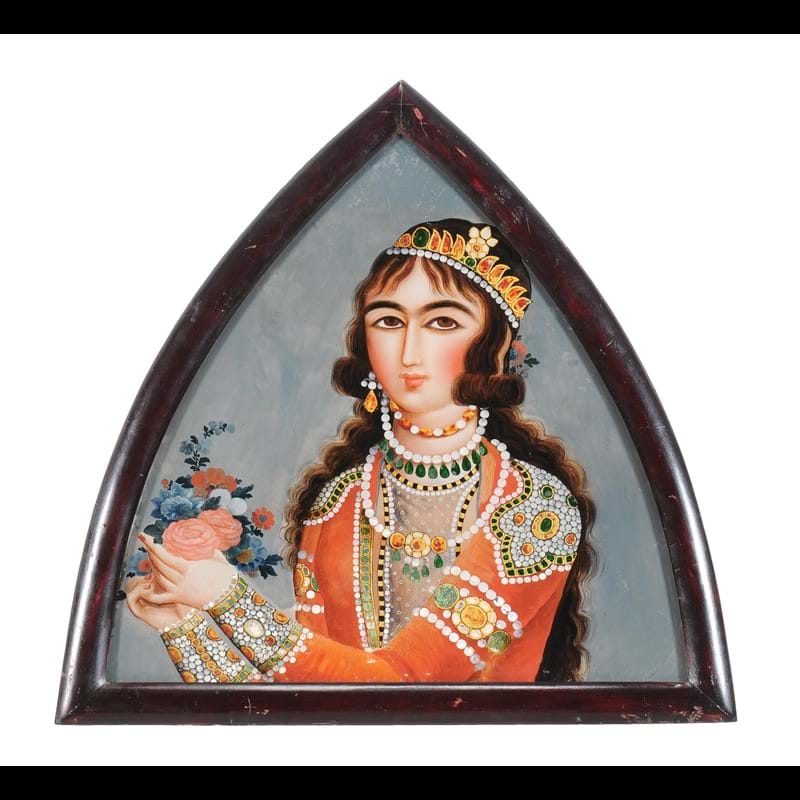 A Qajar glass painting of a lady, Persia, 19th century 