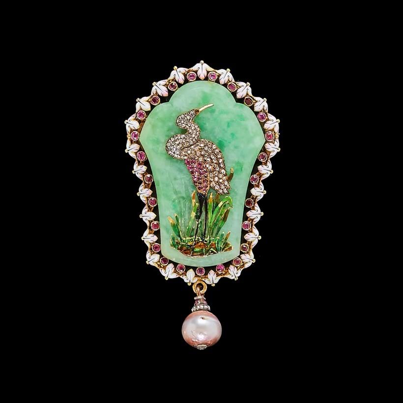 Inline Image - Lot 60: Fontenay, a late 19th century jadeite jade, ruby, diamond, pearl and enamel crane brooch, circa 1860 | Est. £1,000-1,500 (+ fees)