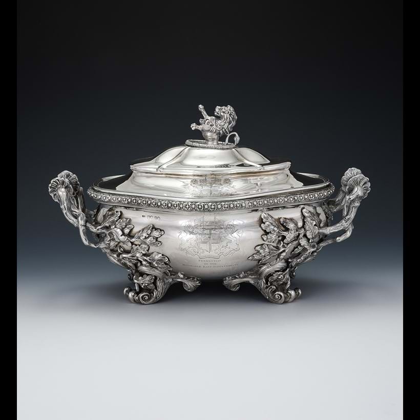 Inline Image - Lot 14: A George IV silver shaped oval soup tureen and cover, Thomas Wimbush, London 1829, the liner by Benjamin Preston, London 1831 | Est. £8,000-12,000 (+ fees)