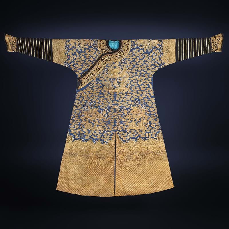 A rare Imperial 'twelve symbol' blue silk dragon robe, longpao, Jiaqing - Daoguang period
