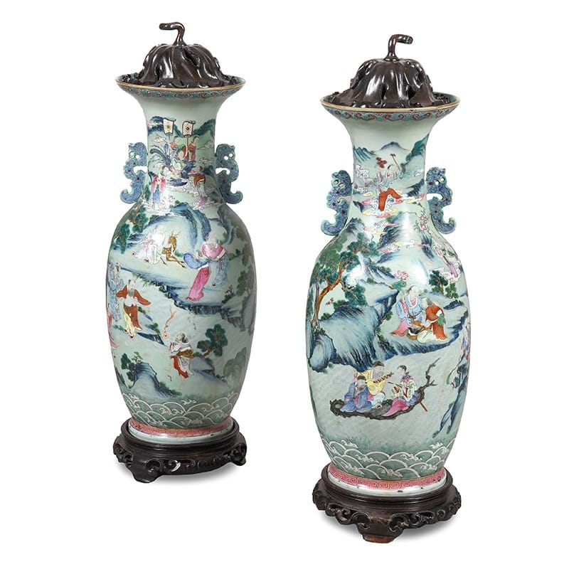 A pair of large Chinese Famille Rose 'Eight Immortals' baluster vases, Qianlong-Jiaqing (1736-1820)