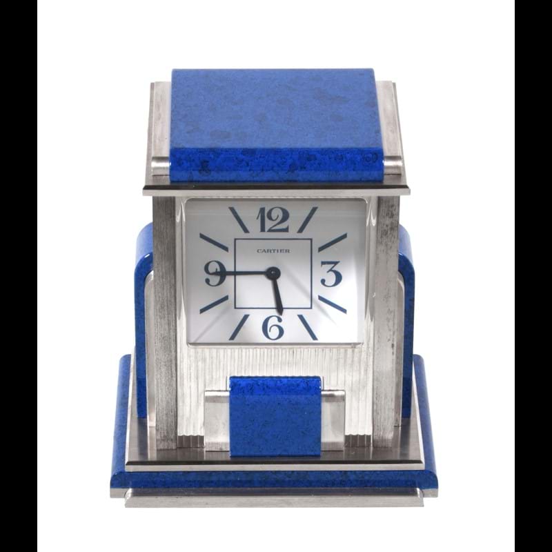 Cartier, Mystery Prism, an Art Deco style electro-plated and simulated lapis lazuli desk clock 