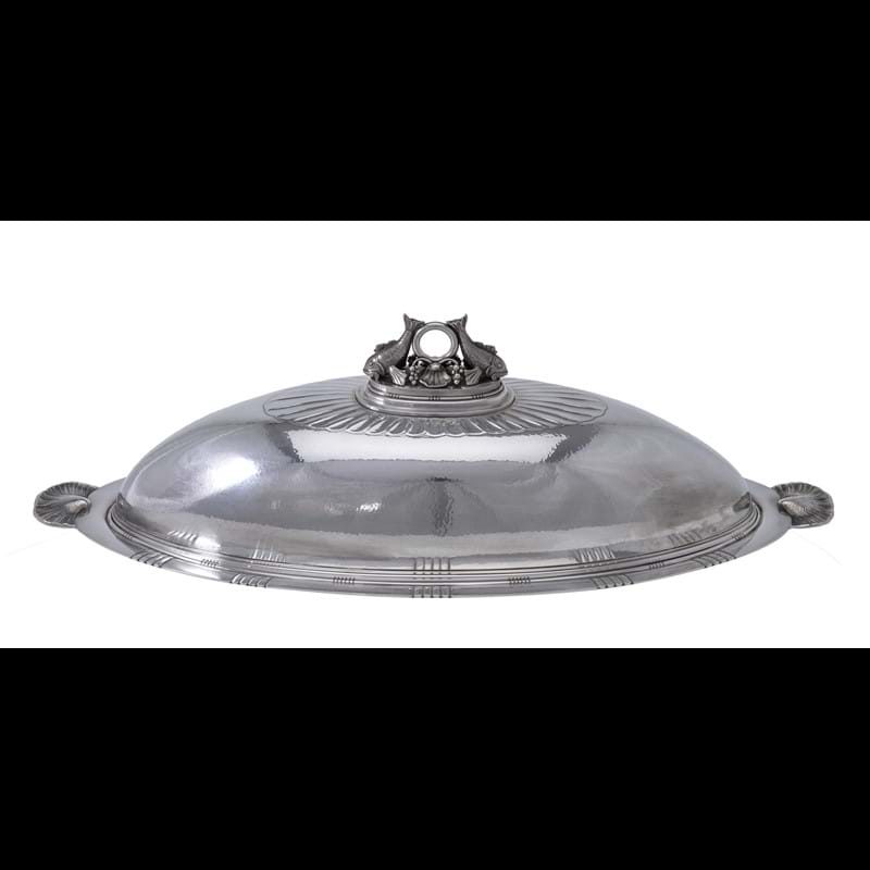 Georg Jensen, a Danish silver oval fish dish, drainer and cover, post 1945, designed by Johan Rohde in 1919