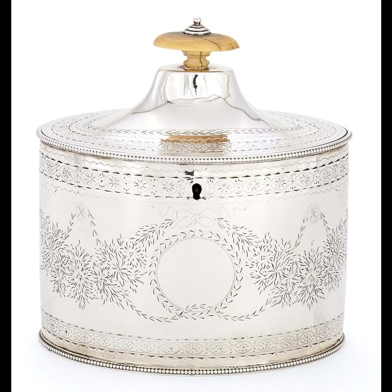 A George III silver straight-sided oval tea caddy by Charles Chesterman II 