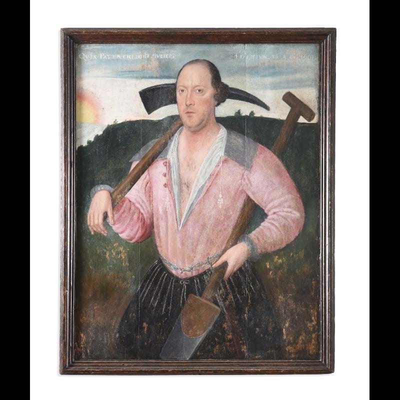 English School (Early 17th Century), Portrait Of A Man With A Pickaxe And A Spade In A Landscape, Oil On Panel