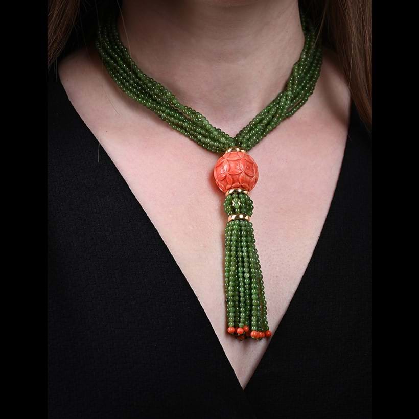 Inline Image - Lot 231: French coral and nephrite bead necklace | Est. £800-1,200 (+ fees)