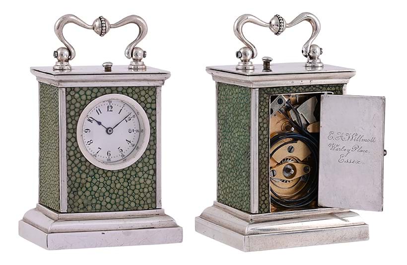 Inline Image - Lot 133: A rare Swiss miniature shagreen mounted silver petit sonnerie striking and repeating carriage clock, unsigned, circa 1900 | Est. £1,200-1,800 (+ fees)
