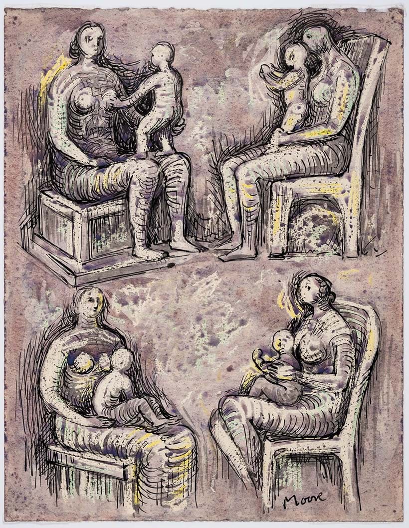 Inline Image - Side 1: 'Four Studies for Seated Mother and Child' by Henry Moore (1898-1986). Estimate £20,000-£30,000 (+ fees)