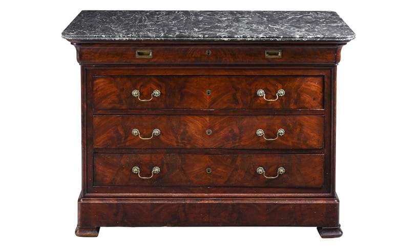 Inline Image - Lot 340: A Louis-Philippe mahogany and marble topped commode or chest of drawers, circa 1840 | Est. £400-600 (+ fees)