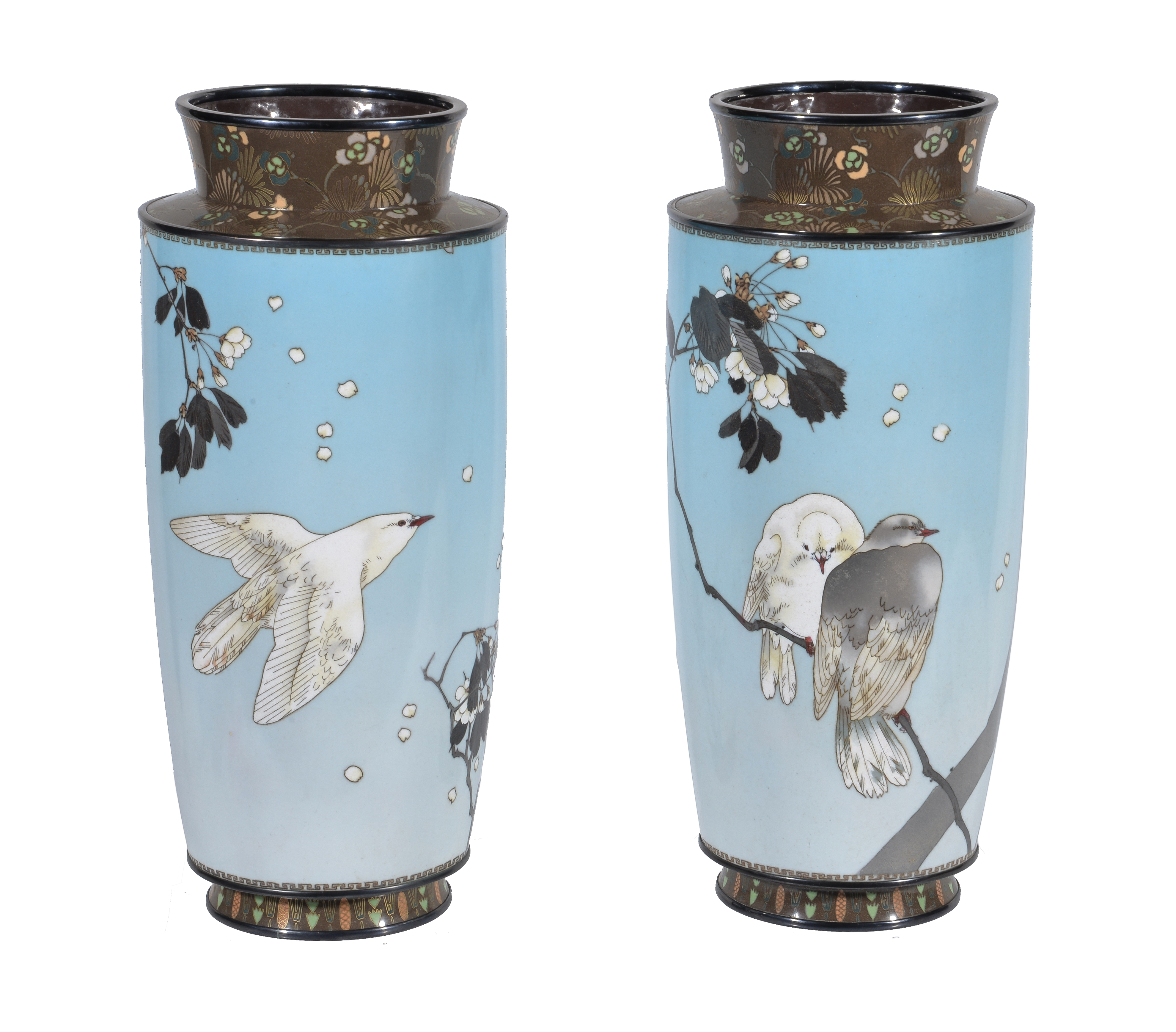 Manner of Namikawa Sosuke: a pair of silver wire cloisonné enamel vases, Meiji period