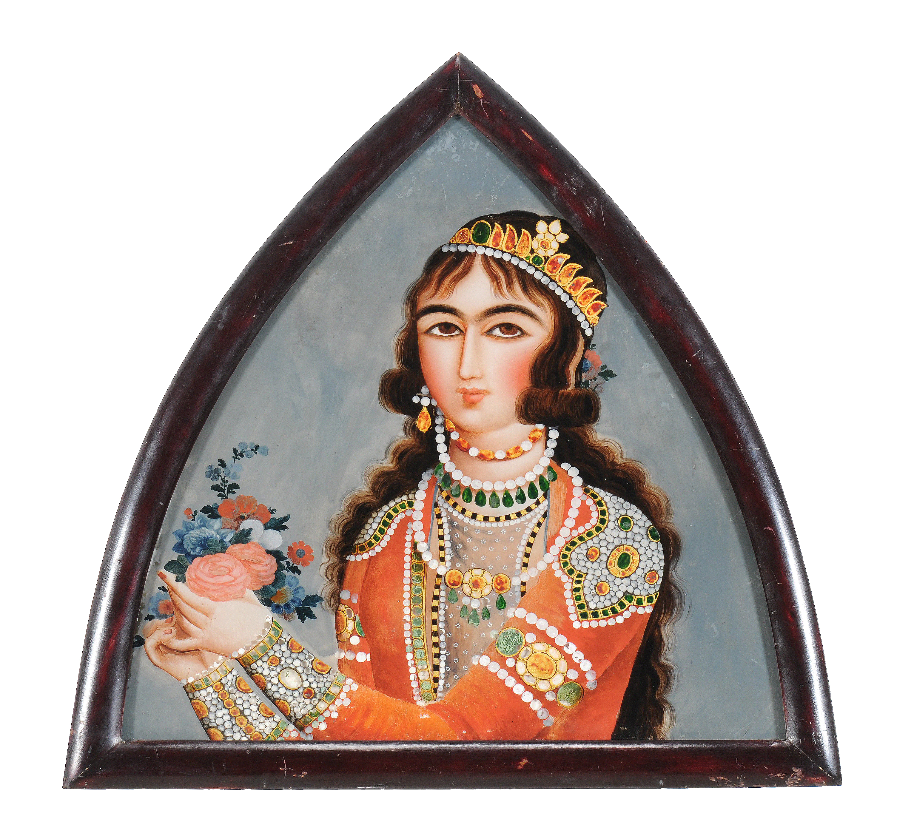 A Qajar glass painting of a lady, Persia, 19th century 