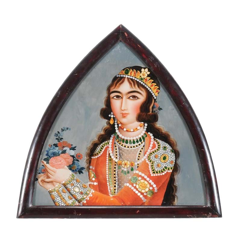 A Qajar glass painting of a lady, Persia, 19th century 