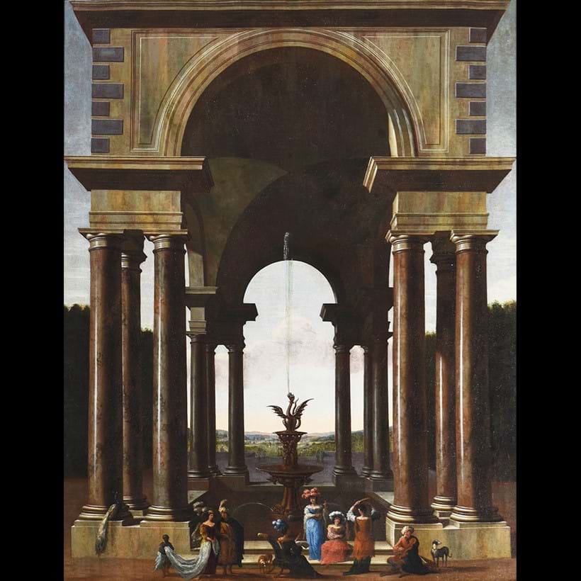 Inline Image - Jacob Ferdinand Saeys (Dutch 1659-1725/6), ‘A Classical Portico With An Elegant Company Gathered By A Fountain’, Oil on canvas | Est. £10,000-15,000 (+ fees)