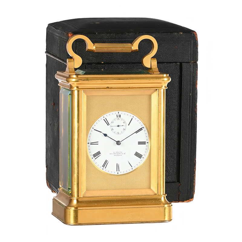 A fine Victorian gilt brass giant chronometer carriage timepiece with original travelling case Edward White, London, circa 1875