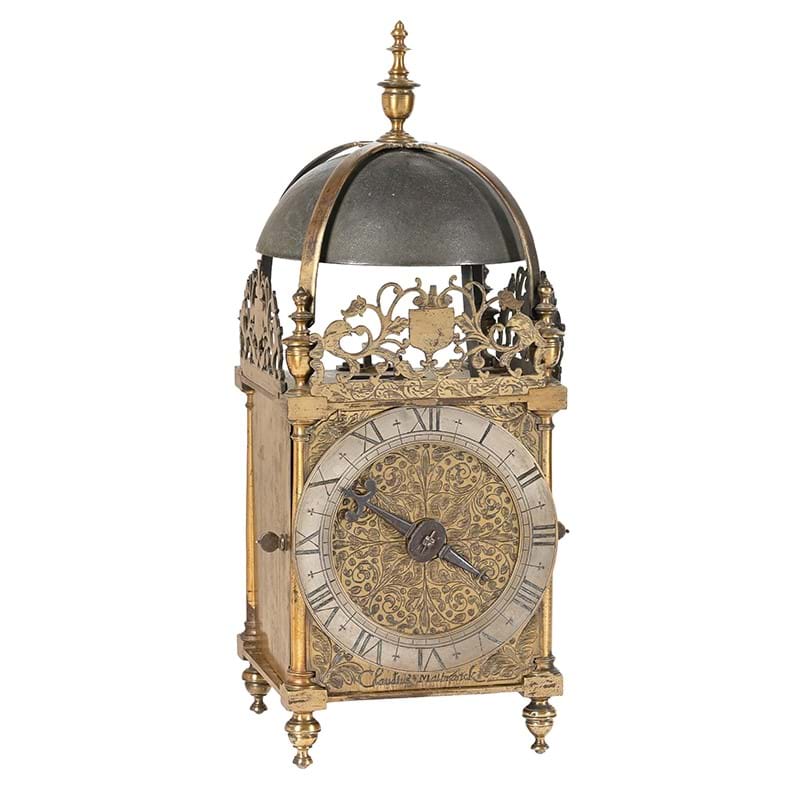 A fine and rare Charles I brass 'first period' lantern clock of larger proportions attributed to the workshop of William Bowyer, the dial signed for Claudius Malbranck, London, circa 1630
