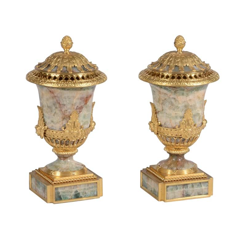 A pair of ormolu and green fluorspar perfume vases and covers, 19th century