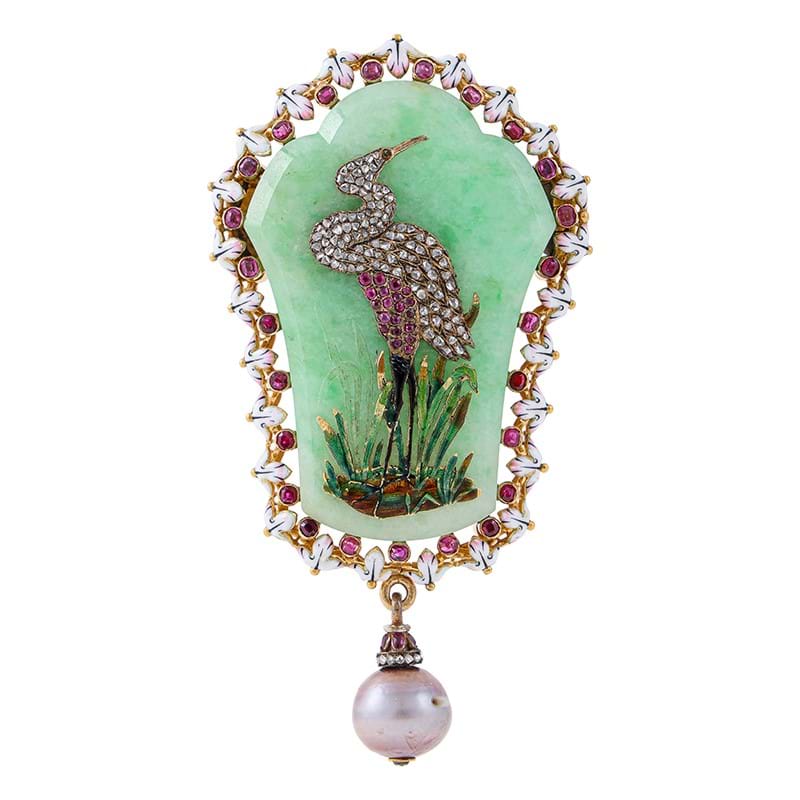 Fontenay, a late 19th century jadeite jade, ruby, diamond, pearl and enamel crane brooch circa 1860