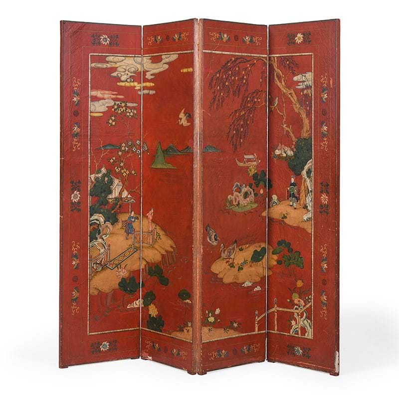 A scarlet lacquer and gilt Chinoiserie decorated four-fold room screen, first quarter 20th century