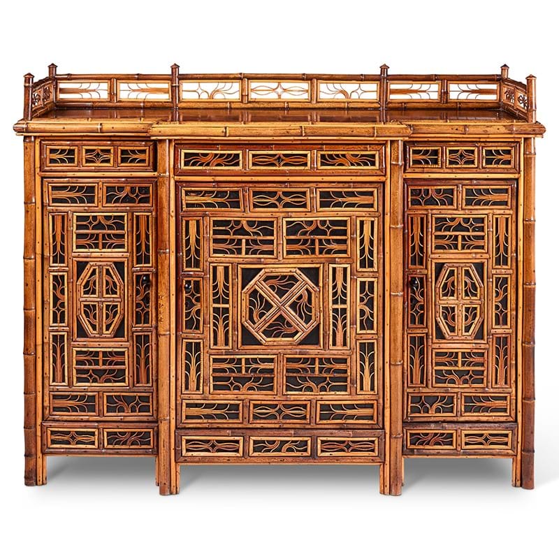 A bamboo, rattan, walnut and part ebonised 'Chinoiserie' breakfront side cabinet, by La Maison des Bambous, French, circa 1880