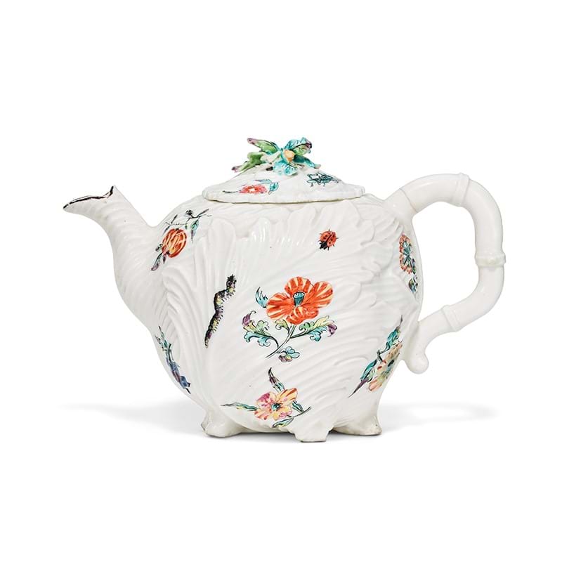 A Chelsea porcelain leaf-moulded teapot and cover, circa 1745-1749