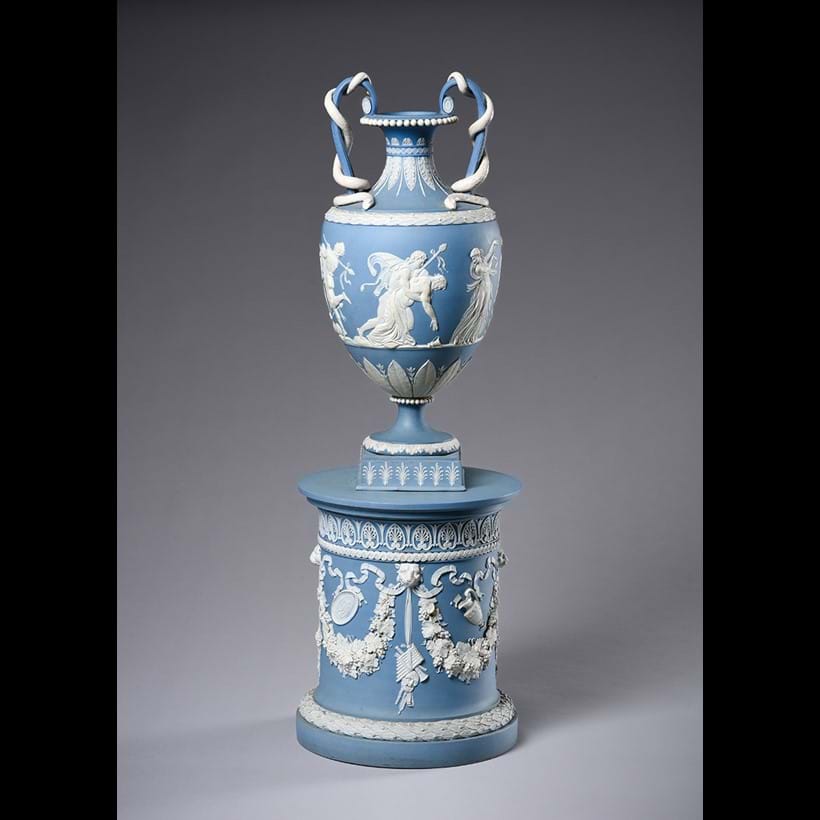 Inline Image - Lot 1081: A Wedgwood Blue Jasper vase on plinth, late 18th century, the figures modelled by Flaxman or Mrs. Landre and later by John De Vaere | Est. £2,500-3,500 (+ fees)