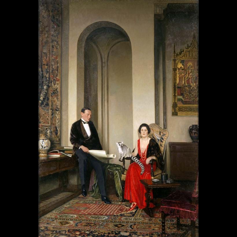 Inline Image - Sir Stephen and Lady Courtauld with their pet ring tailed lemur Mah Jong | Leonard Campbell Taylor © Bridgeman Art Library
