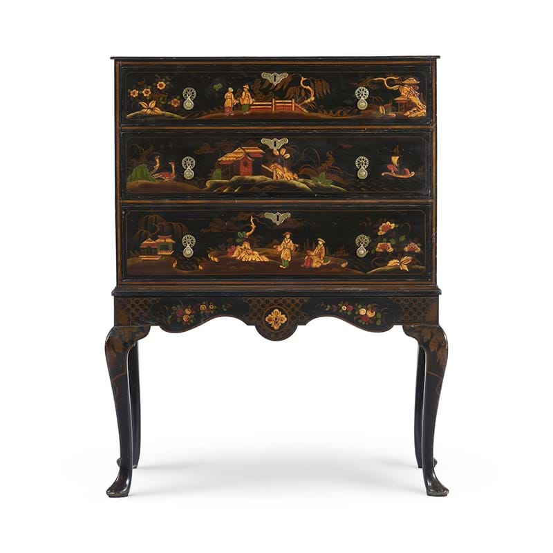 A black lacquer and gilt japanned chest on stand, in 18th century style, 20th century