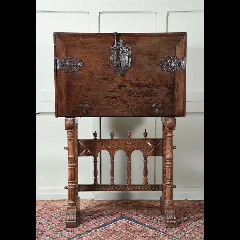 Inline Image - Lot 1: A Spanish walnut vargueno or cabinet on stand, 18th or early 19th century, the stand possibly associated | Est. £2,000-3,000 (+ fees)