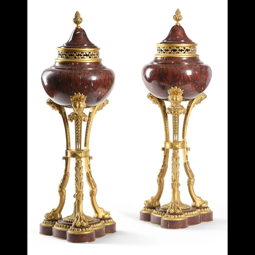 Inline Image - Lot 339: A large pair of French ormolu mounted rouge griotte marble brule parfums, 19th or 20th century, in the manner of Daguerre | Est. £2,000-3,000 (+ fees)