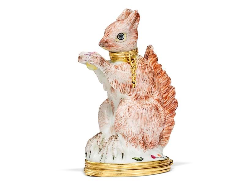 Inline Image - Lot 1006: A gold-mounted 'Girl in the Swing' porcelain scent-bottle modelled as a squirrel, circa 1755 | Est. £2,500-3,500 (+ fees)