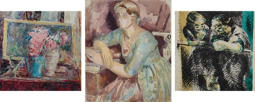 Inline Image - (Left to right) Duncan Grant, ‘Late Roses’, oil on canvas, c. 1974, JWM Collection; Duncan Grant, ‘Vanessa Bell’, watercolour and pencil, 1919, JWM Collection; Duncan Grant, ‘Two Women at a Balcony’, lithograph, c. 1965, JWM Collection | Images with thanks to the Master and Fellows of St Peter's College, University of Oxford.