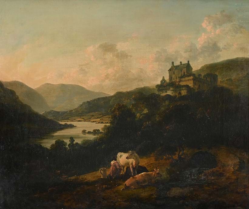 Inline Image - Lot 56: (Part lot) Julius Caesar Ibbetson (British 1759-1817), 'A Castle, Thought To Be Hawthornden, Midlothian', Oil on canvas, a pair | Est. £4,000-6,000 (+ fees)