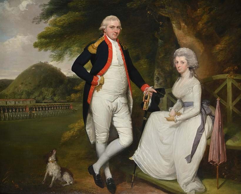 Inline Image - Lot 79: Robert Home (British 1752-1834), 'Portrait of Lieutenant-Colonel William Sydenham and his wife, With St Thomas's Mount, Madras in the background', Oil on canvas | Est. £15,000-25,000 (+ fees)