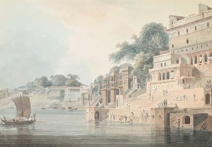 Inline Image - Lot 83: Thomas Daniell (British 1749-1840) and William Daniell (British 1769-1837), 'Dusasumade Gaut, Bernares, Uttar Pradesh', Watercolour and pencil, with watermark 'J WHITMAN' | Est. £30,000-50,000 (+ fees)