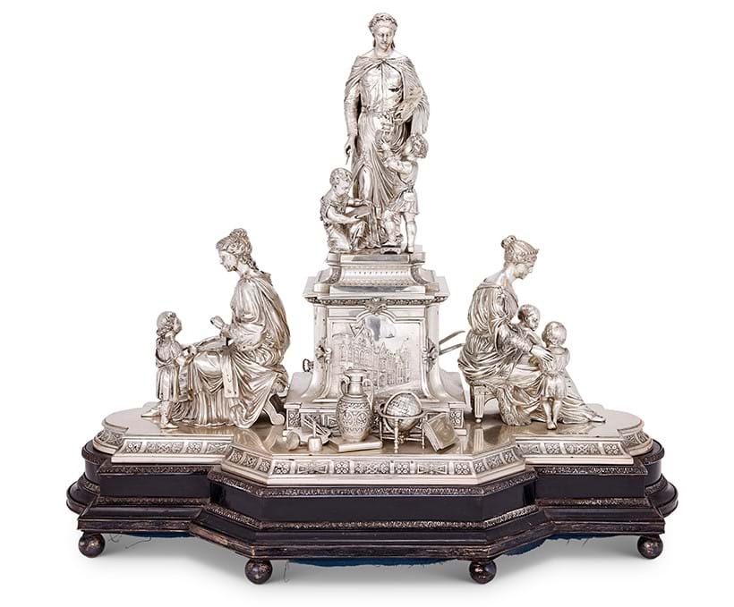 Inline Image - Lot 134: A late Victorian silver centrepiece representing the liberal arts, Bracher & Sydenham, Birmingham, 1884 | Sold for £23,940