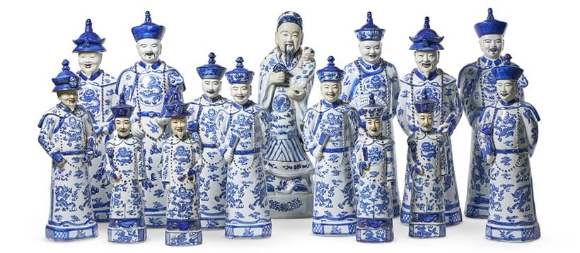 Inline Image - Lot 151: A garniture of fifteen Asian blue and white models of Imperial court officials, modern | Est. £600-800 (+ fees)