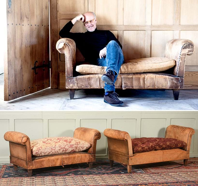 Inline Image - (top) Photograph of Roger on one of his prized possessions – one of a pair of Christopher Gibbs leather covered banquettes | (bottom) Lot 244: A pair of studded leather banquettes, with cushions upholstered in Mulberry fabric, these seats were bought by Roger from the Christopher Gibbs auction | Est. £700-1,000 (+ fees)