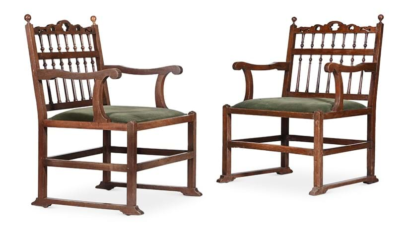 Inline Image - Lot 312: A matched pair of beech 'garden' chairs, two designs by Ince & Mayhew, one circa 1800, the other later | Est. £400-600 (+ fees)