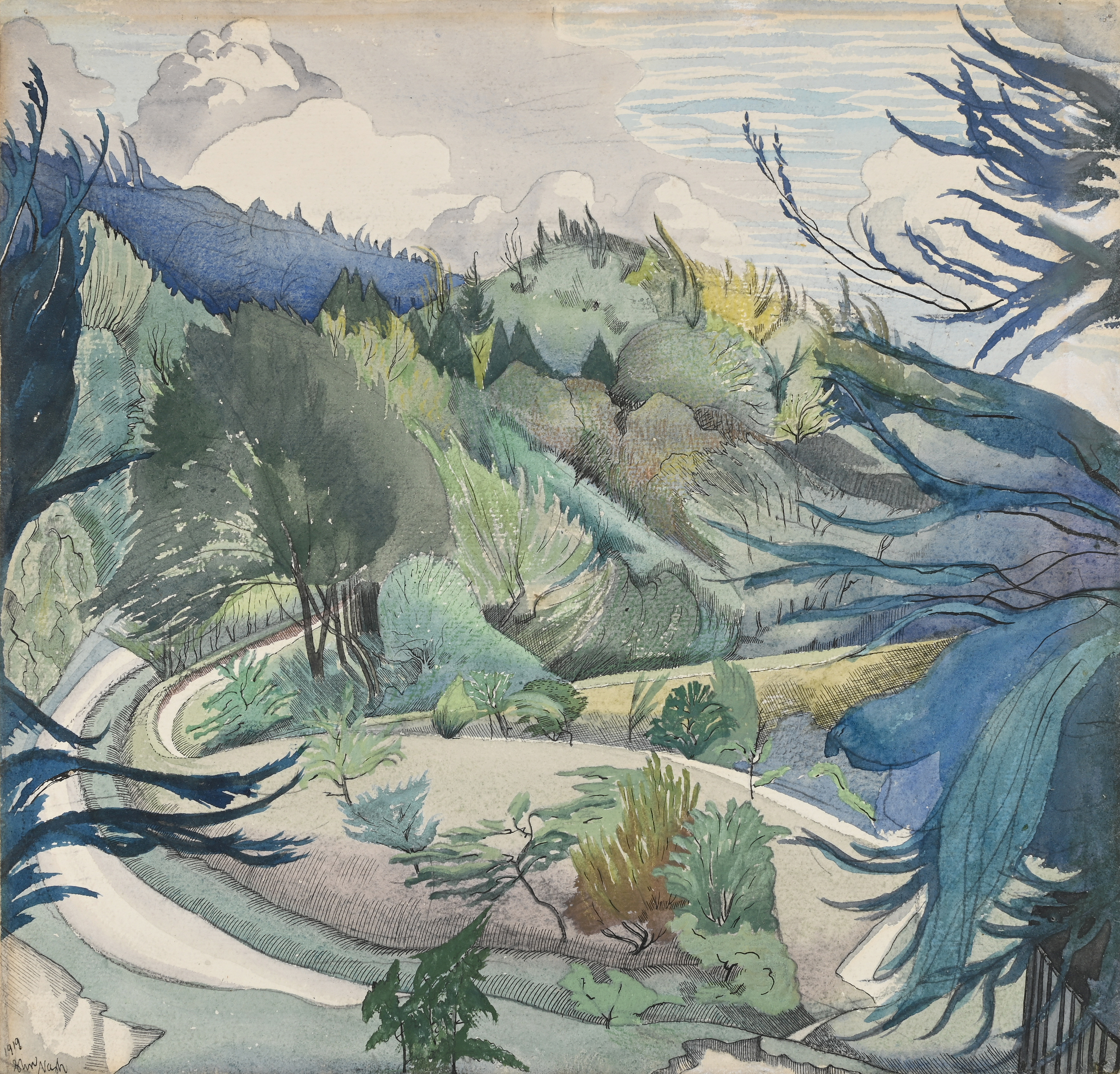 John Nash (British 1893-1977), ‘Wooded Landscape with a Road’ Pencil, watercolour, pen and black ink Signed and dated 1919