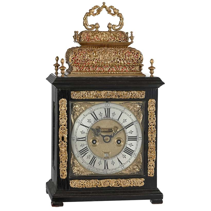 Inline Image - Y Lot 1240: A William III ebony 'double basket top' quarter repeating table clock, Samuel Aldworth, London, circa 1700 | Est. £4,000-6,000 (+ fees)