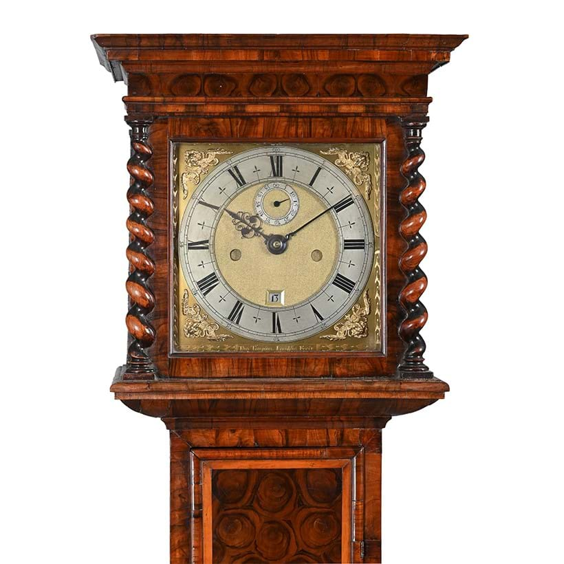 Inline Image - Lot 1246: A fine and rare Charles II olivewood oyster veneered small longcase clock of one month duration, Thomas Tompion, London, no. 136 circa 1688/89 | Est. £20,000-30,000 (+ fees)