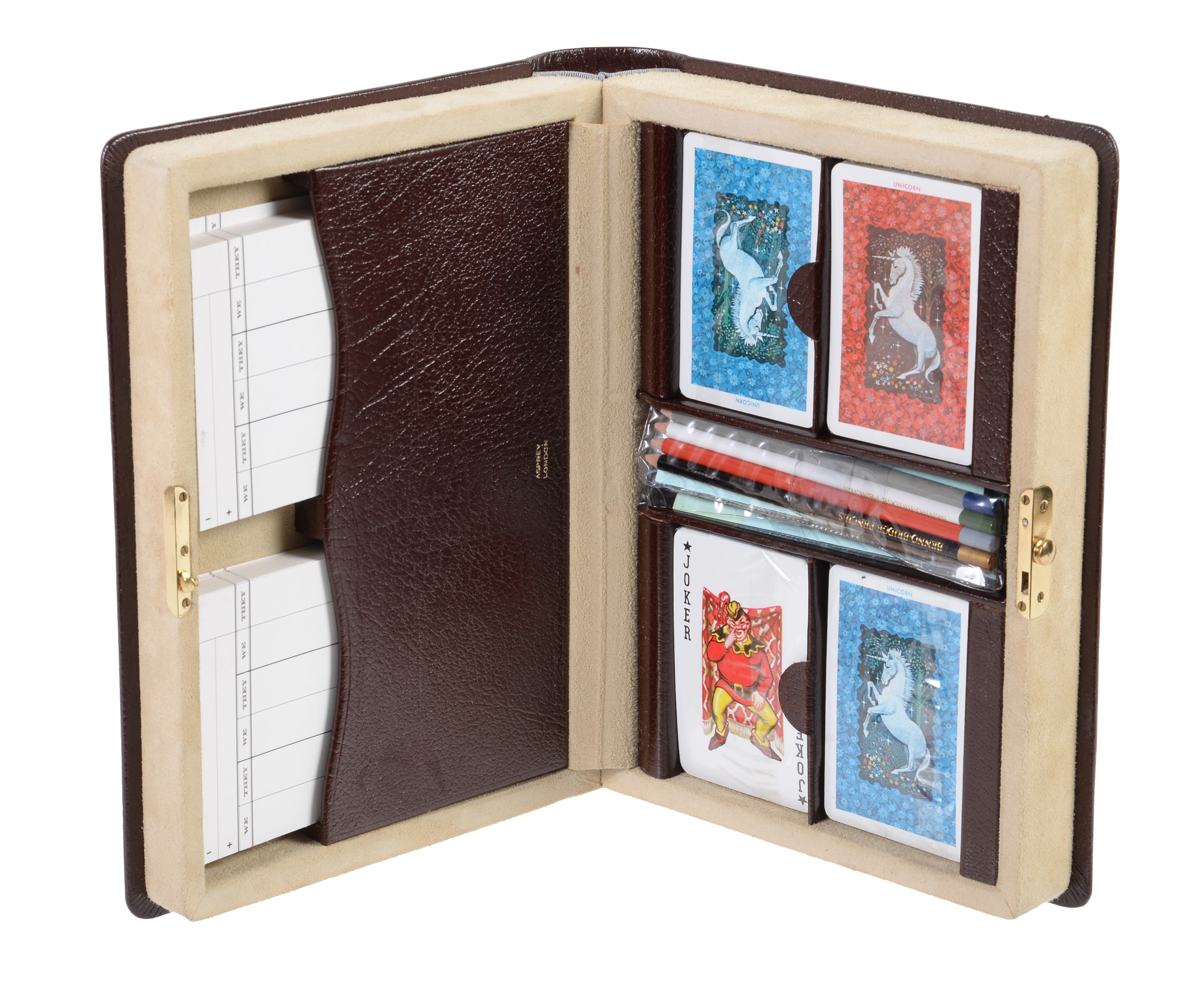 Asprey, a bridge set in the form of a leather book, containing four sets of cards, eight pencils and score sheets 