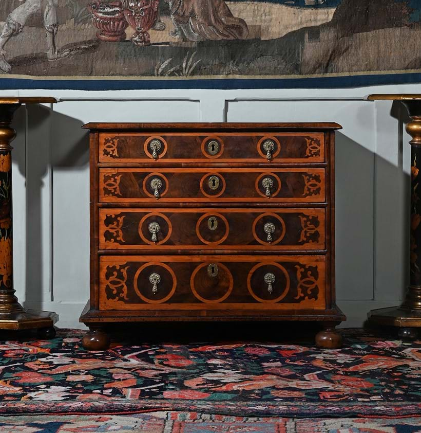 Inline Image - Lot 28: An unusual Charles II walnut and olivewood oyster veneered chest of drawers, circa 1680 | Est. £6,000-8,000 (+ fees)