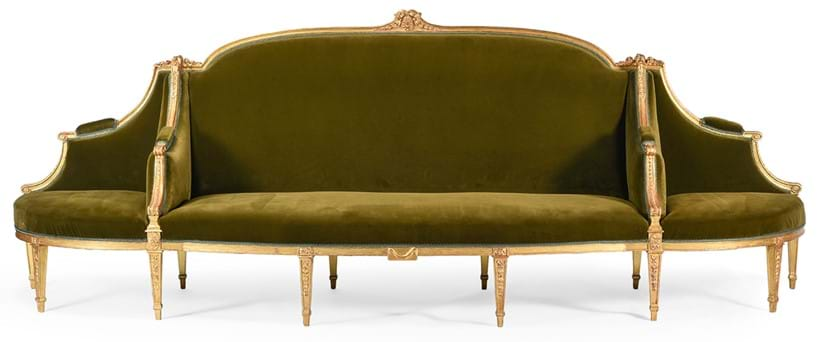 Inline Image - Lot 120: A fine and rare George III carved giltwood confidante sofa, in the manner of William & John Linnell, in the French neo-classical taste, circa 1780 | Est. £4,000-6,000 (+ fees)