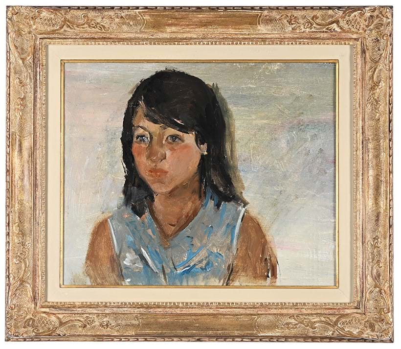 Inline Image - Lot 101: Sania Bakhtiarova (Russian B.1949), ‘Portrait of a Girl’, oil on canvas | Est. £300-500 (+ fees)