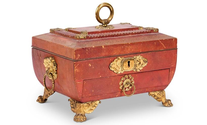 Inline Image - Lot 67: A Regency gilt brass mounted gilt tooled Morocco leather work or sewing box, by R. Wass, early 19th century | Est. £200-400 (+ fees)