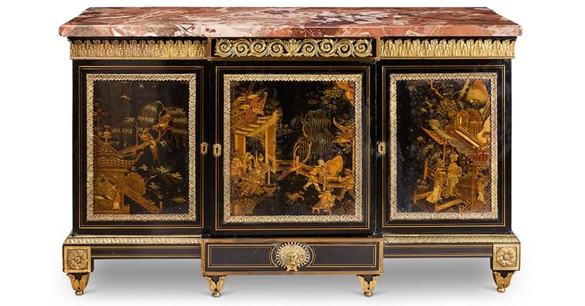 Inline Image - Lot 116: An Antiquarian gilt bronze and Chinese lacquer-mounted breakfront side cabinet, 19th century, of Louis XIV style, the lacquer panels 18th century | Est. £5,000-8,000 (+ fees)