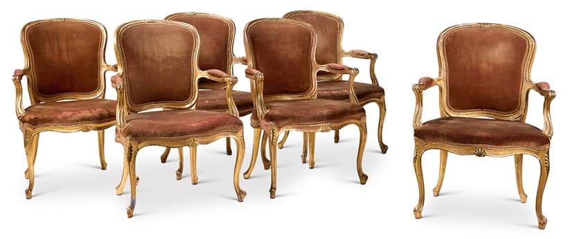 Inline Image - Lot 119: A set of six George III giltwood armchairs, circa 1770 | Est. £5,000-8,000 (+ fees)